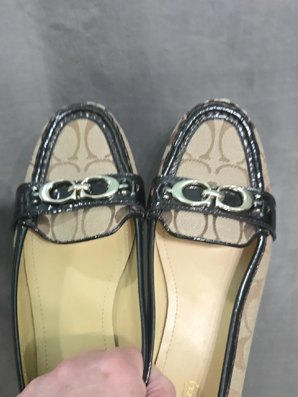 Coach Brown Signature Canvas Loafers with Black Patent Trim and Silver Hardware